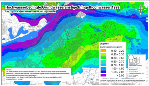 Bild vergrößern: Hochwasserbedingte Grundwasseranstiege beim Pfingsthochwasser 1999